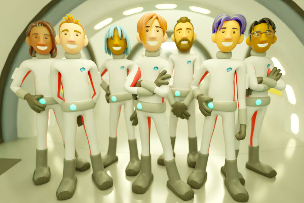All of the Mason Frank 3D astronaut characters standing in a group