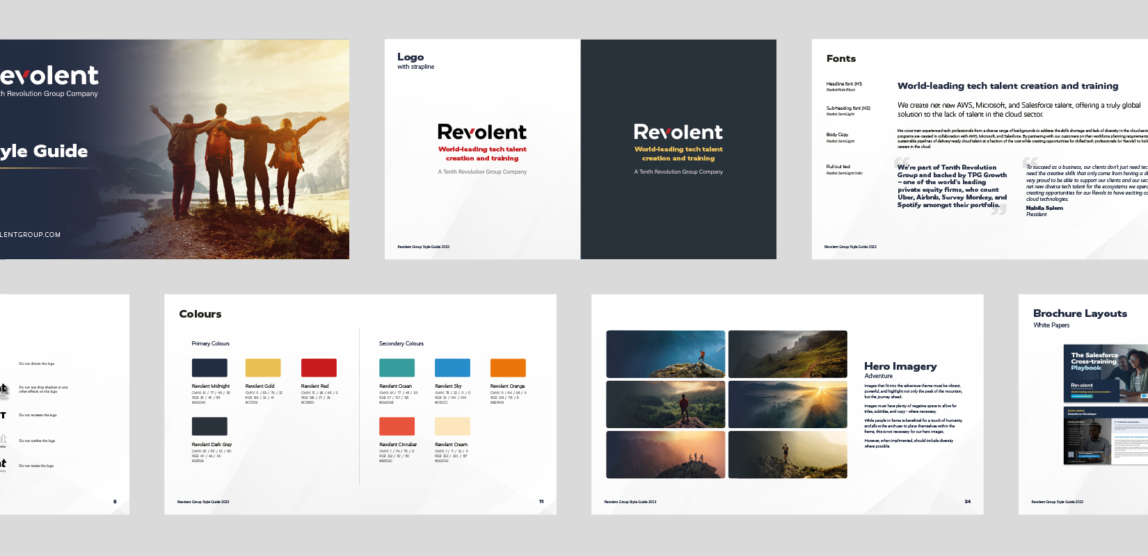 Sample pages from the Revolent brand guidelines