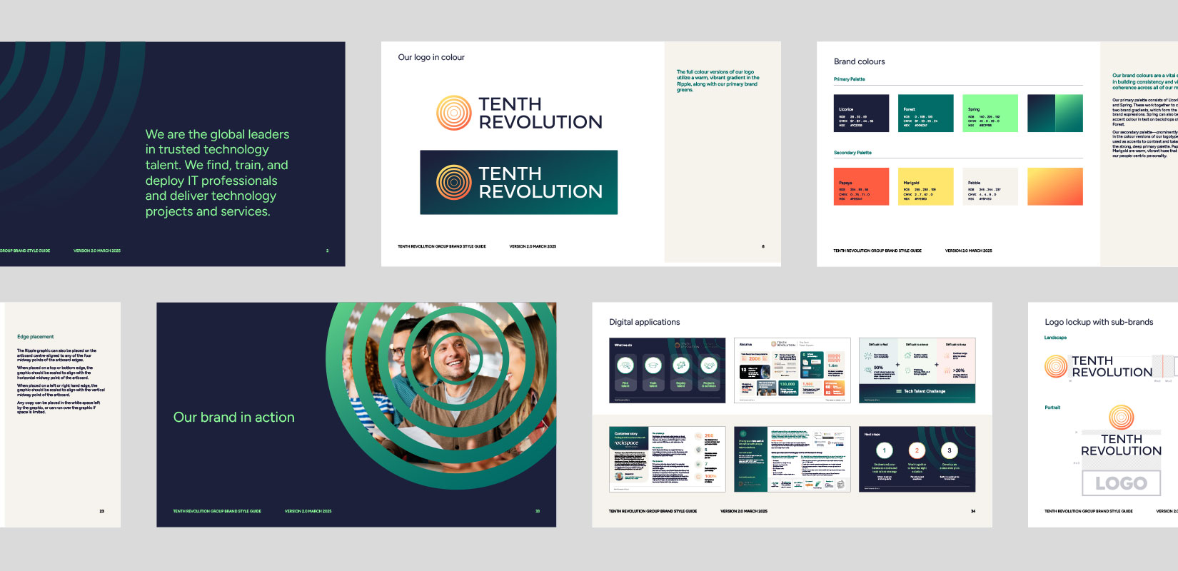 Sample pages from the Tenth Revolution Group brand guidelines
