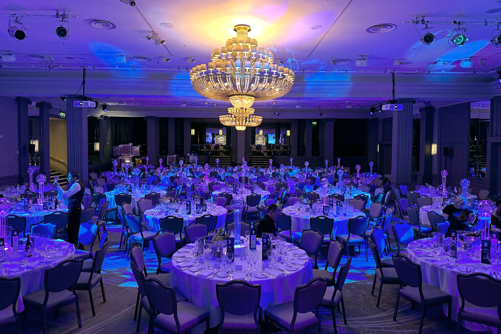 Photo of the London Grosvenor Hotel ballroom decorated for the Digital Revolution Awards