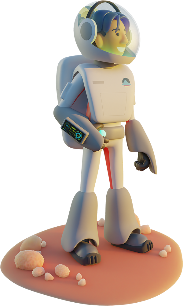A Mason Frank 3D astronaut character looking to the side