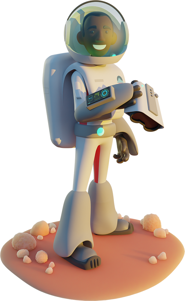 A Mason Frank 3D astronaut character holding binoculars