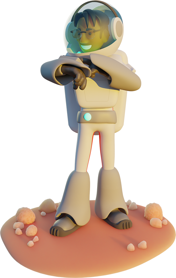 A Mason Frank 3D astronaut character looking at a screen on their wrist