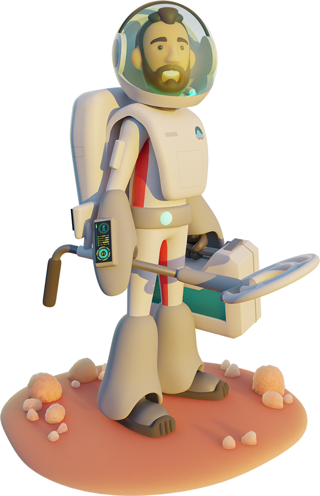 A Mason Frank 3D astronaut character holding a metal detector