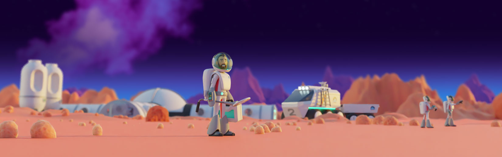 A Mason Frank 3D astronaut character standing on the planet with other characters and vehicles in the background
