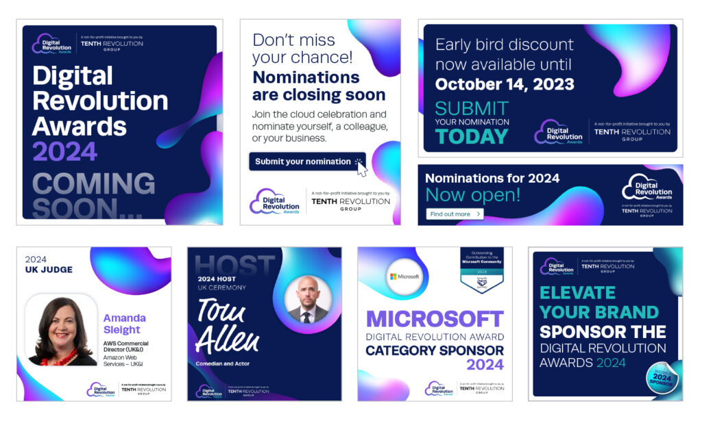 Samples of Digital Revolution Awards branding from the 2024 campaign